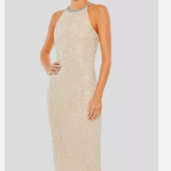 MAC DUGGAL 93742 BEADED HIGH NECK COLUMN NUDE SILVER GOWN sz 6 - Picture 3 of 6